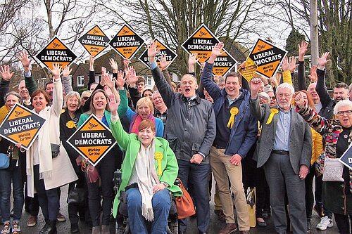 Ed Davey with Lib Dem crowd in Mole Valley