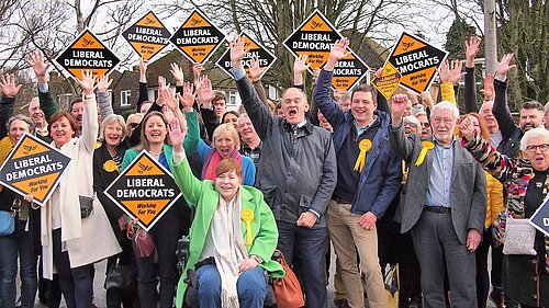 Ed Davey with Lib Dem crowd in Mole Valley